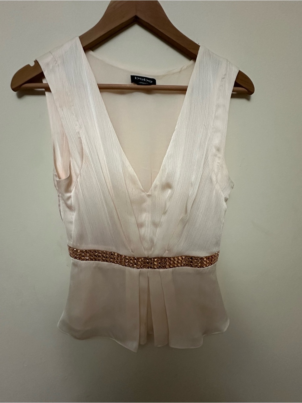 bebe Ivory Pleated V-Neck Beaded Waist Camisole